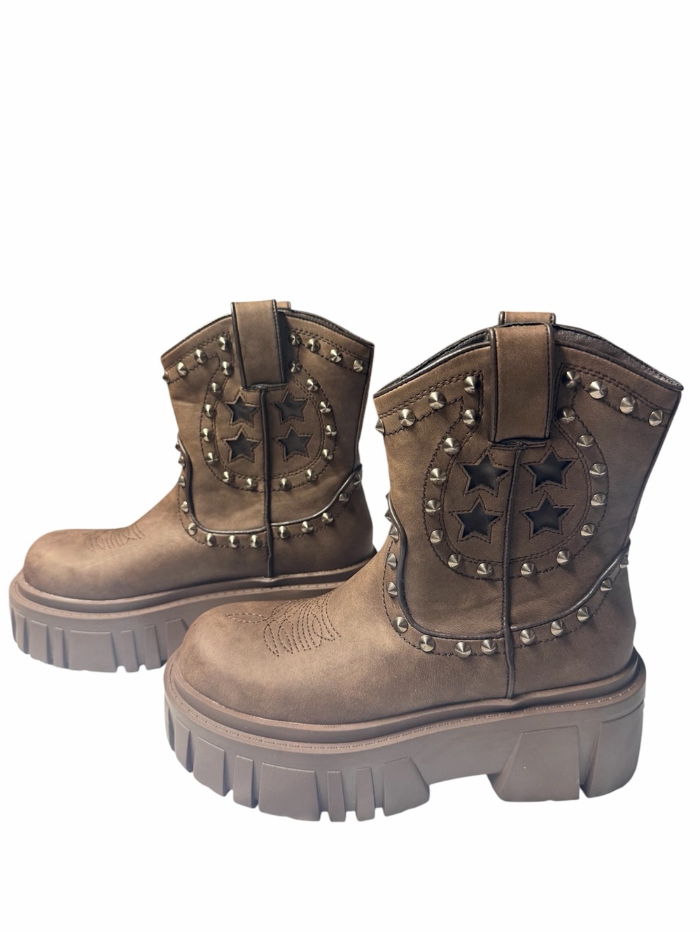 Dolls Kill Brown Star-Stud Platform Lace-Up Boots